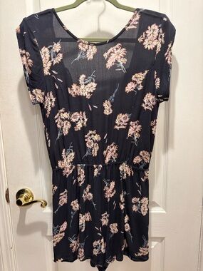 Billabong Navy Blue Romper with Pink Floral Print Lace Up Back size L Beach Swim